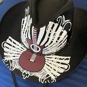 Black Cowboy Hat with White Graphic Guitar Design